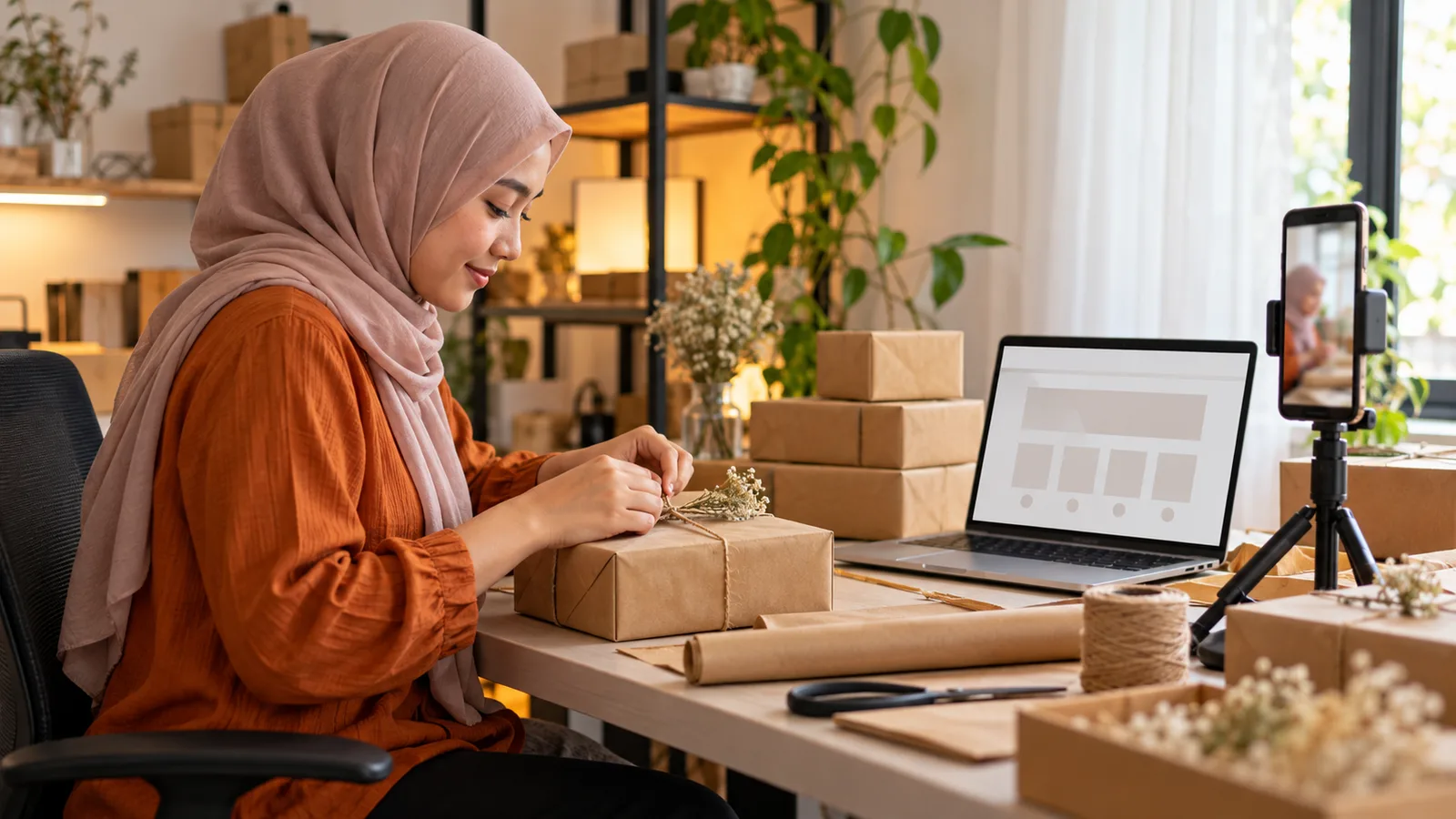 A small online shop owner packing parcels at a desk, with a phone on a tripod showing a live video and a laptop with a blank storefront layout