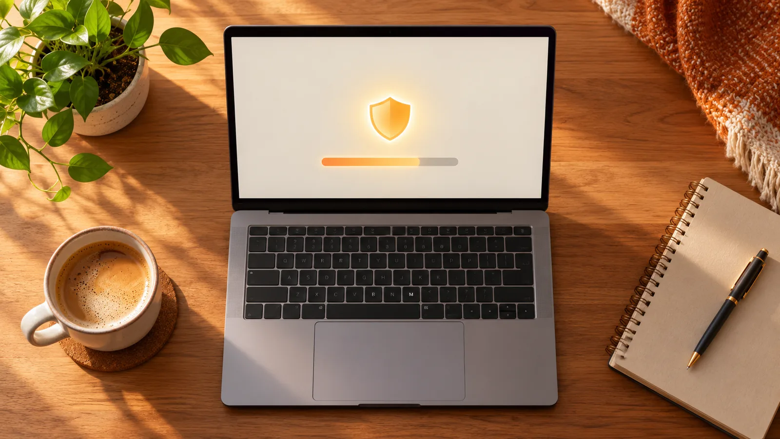 A laptop on a tidy desk showing an abstract update progress bar and a shield icon, beside a coffee cup and a notebook