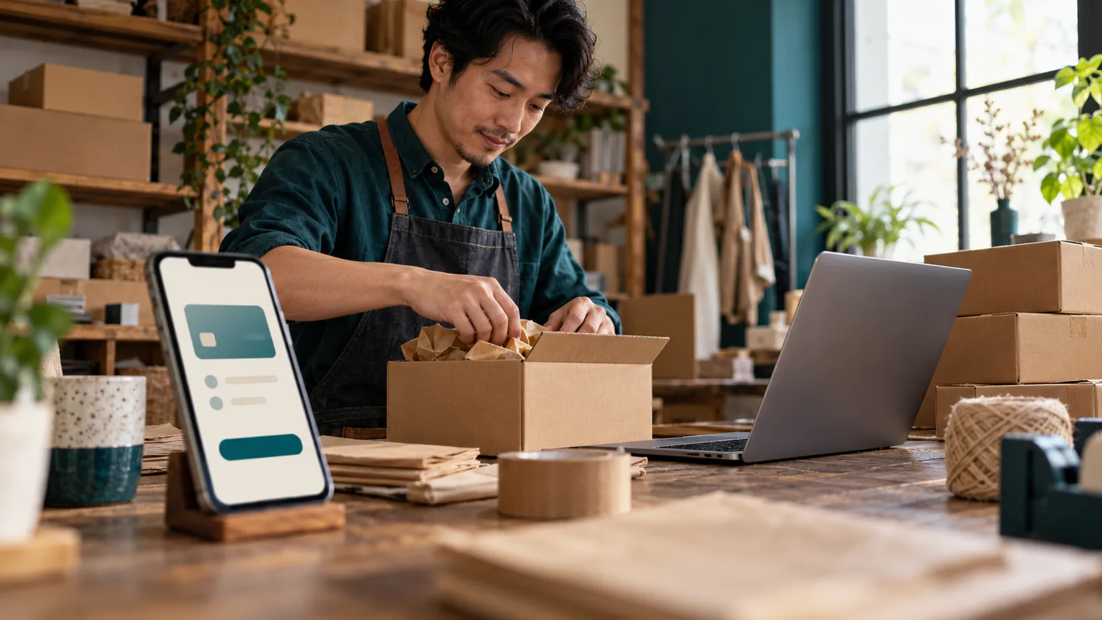 A shop owner packing parcels beside a laptop, with a smartphone showing a mobile checkout in the foreground