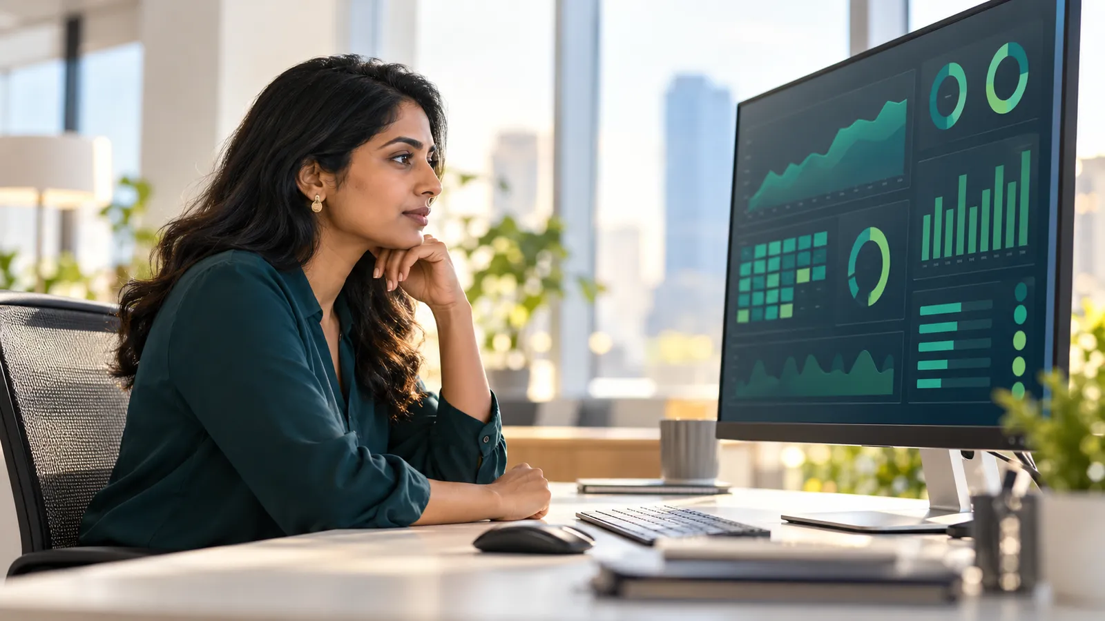 An IT consultant calmly reviewing server dashboards on a large monitor in a bright modern office
